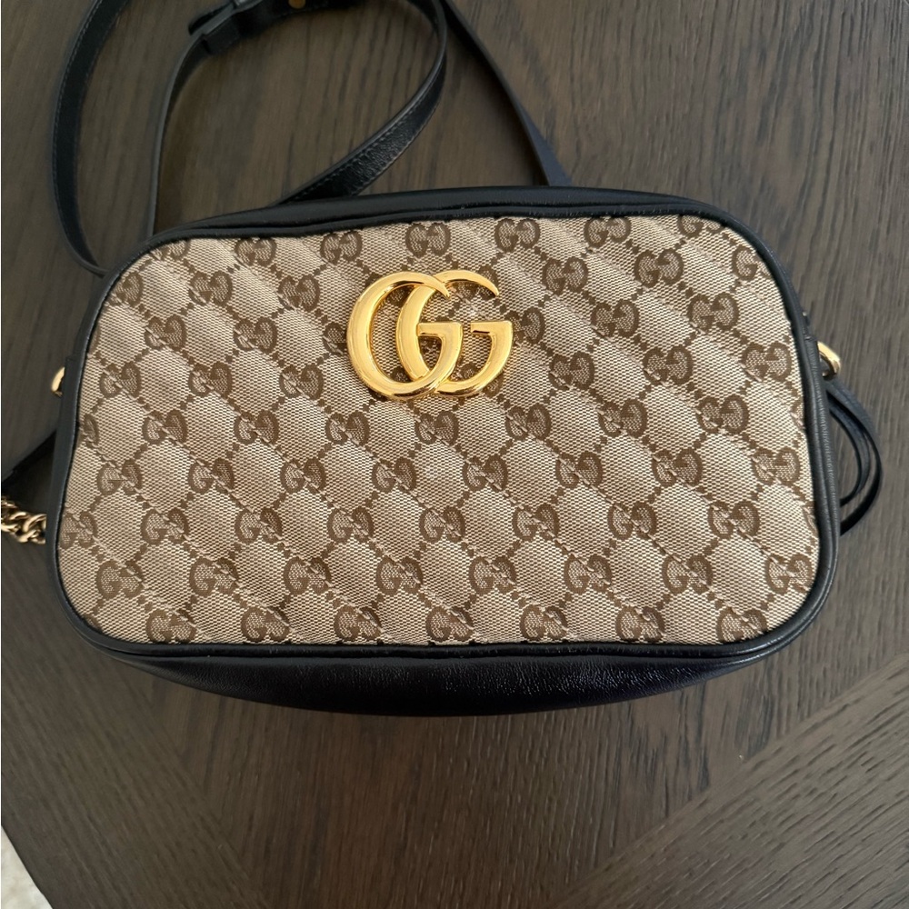 Gucci Beige GG Monogram Crossbody with Black Trim and Gold Hardware